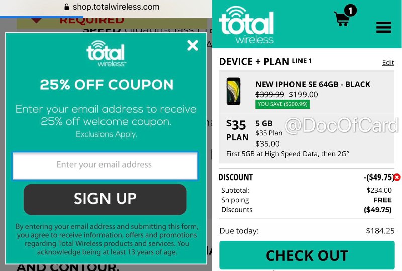 Total Wireless iPhone SE $144 (有锁)#iPhone #totalwireless #deal❶ 打开 totalwireless.com 网站点击首页广告获取25%优惠码(如题图)❷ 注册返现网 TopCashBack(新用户$10欢迎奖励)❸在topcashback搜索 totalwireless，通过$30返现链接进入网站❹加入 iPhone SE 2 64GB 到购物车🛒❺同时加入$35的plan到购物车🛒➏填入邮件中步骤❶获得的25%优惠码❼ 购买完成后，进入topcashback后台，查看pending中的购物记录⚠️注意