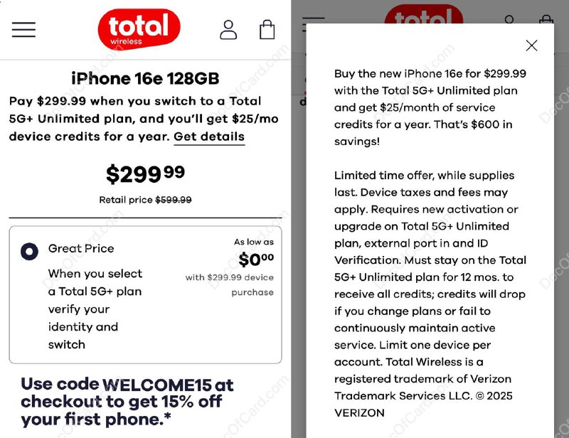 Total Wireless iPhone 16e $284 + 税#TotalWireless #iPhone • 每个账号限购两部手机 • 可 [官网] 激活套餐，1个月后套餐过期不用管， 61天 后手机自动解锁，可以发送短信 