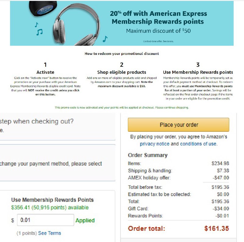 AirPods Pro $234-$47 (Amex MR 20% off)(10% YMMV)👉🏿 需要一张最少1点MR余额的Amex👉🏿 激活 20% offer 或者 $30 off $60👉🏿 YMMV Check If You’re Eligible For 10% Off Sitewide on Amazon Promo Code THX19 , HOL19👉🏿 通过返利网站(Rakuten/TopCashback)进入Amazon, 搜索到$234.98的AirPods Pro👉🏿 付款时使用最少1点MR点数👉🏿 The promotion will end on the earlier of 11