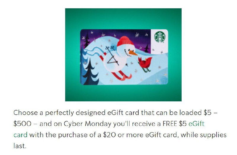 Starbucks is offering a bonus $5 eGiftcard when you purchase $20 or more in eGiftcards#deal👉🏿 Valid 12/2👉🏿 