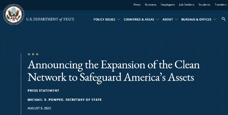 美国“净网行动”升级#净网行动 #美国 #消息👉🏿 继上月29日推出”5G Clean Path”后，国务卿Mike Pompeo当地时间5日记者会上宣布[扩大“干净网络”]，包括