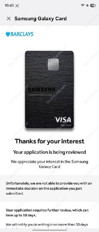 Samsung Galaxy Card 批卡实录 #SamsungSamsung Galaxy Card 由 Barclay US 发行，在三星钱包 (也可网页申请) 输完名字电话以后自动 Prefill 了其他信息，点确定以后提示 Pre-qualified，结果提交后 review 了