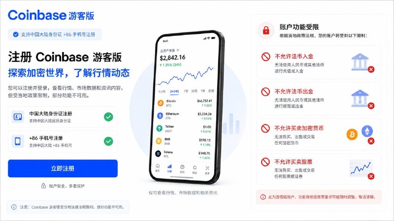 Coinbase 开放 86+身份证 注册 游客版#Coinbase • 只需 86号码+身份证+非大陆IP • 不需要地址证明 • 不允许法币入金、出金 • 不允许买卖加密货币 • 可以转入转出自己的币 • 就是没任何用处的游客版👉🏿 @DocOfCard_channel