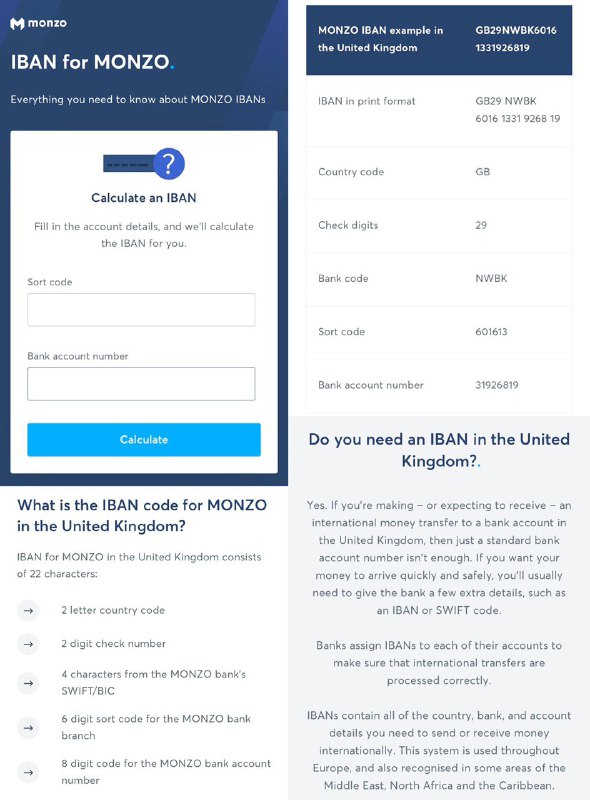 Monzo Bank IBAN计算#Monzo • 拿到Monzo IBAN后就可以自由收款了 • 