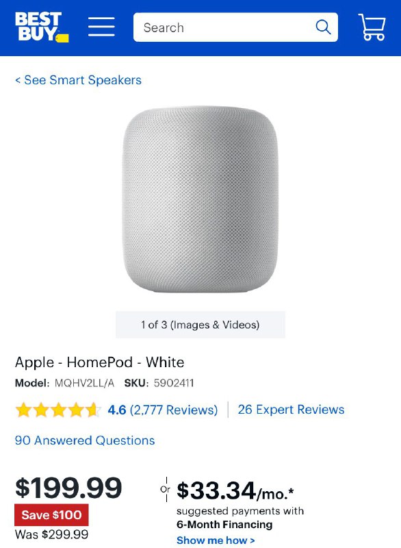 BestBuy.com has Apple HomePod Smart Speaker (Space Gray or White) on sale for $199.99. Shipping is free#deal👉🏿 建议通过 Rakuten(新用户邀请得$10) 或 TopCashback(新用户邀请得$10) 等返利网站链接购买有额外1%返现👉🏿 