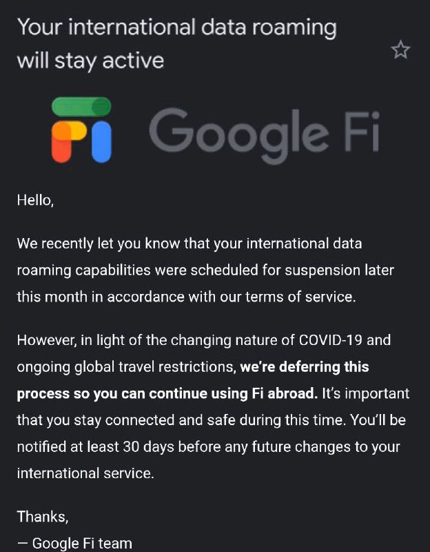 Google邮件通知部分因受疫情旅行限令影响而导致海外数据漫游即将超出限制的用户可以继续使用漫游流量#GoogleFi🆕8月5日更新