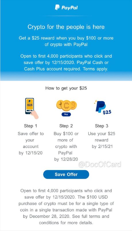 [Target]PayPal买币$50/$100送$10/$25#PayPal • 需PayPal认证过的账户 • 限前4000名加入offer的用户 • $50/$100须12/28前通过PayPal单笔买入 ✅ $50送$10链接  ✅ $100送$25链接👉🏿 @DocOfCard_channel