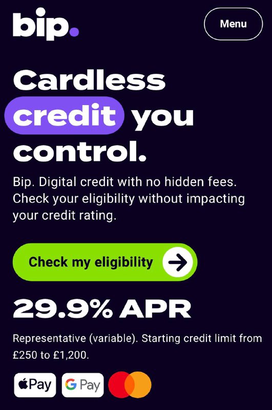 英国信用卡Bip Cardless Credit Card#Bip成功(DP, DP2) • 这是一张没有实体卡的信用卡，和[Aqua]同属NewDay旗下 • 建议一年信用历史后check eligibility • 申请此卡有Hard Pull • 需要关联银行账号小额验证完成身份验证 • 申请失败需要等待 90 天才能再次申请 • 需要过去12个月内没有申请过[Aqua card], [marbles card], [opus card]和[Fluid card]✅ 