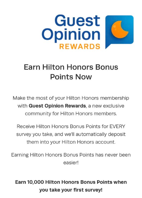 Guest Opinion Rewards新用户完成Hilton调查问卷得10k分#Hilton✅ guestopinionrewards.com/signup • 奖励积分仅适用于通过此优惠在12月31日前完成首次调查的新注册会员 • 问卷调查大概需要30分钟 • 点数需要4-6周发放到账户👉🏿 @DocOfCard_channel