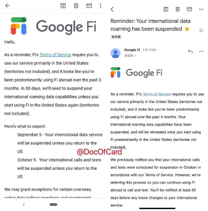 Google Fi的8月清场后续来了#GoogleFi👉🏿 虽然停止数据漫游来的比[预计的时间]晚了几天，但还是来了[DP1], [DP2], [DP3], [DP3]邮件中新提到关于下个月的语音和短信漫游可能暂时不会停