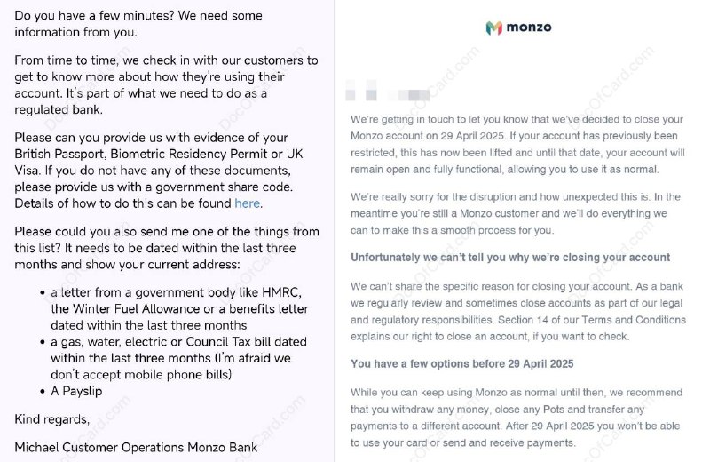 Monzo 风控？还是随机乱杀清退云居民？#Monzo近期有多位群友 [DP] [DP] 反馈，收到 Monzo 要求提供英国居留证明的邮件