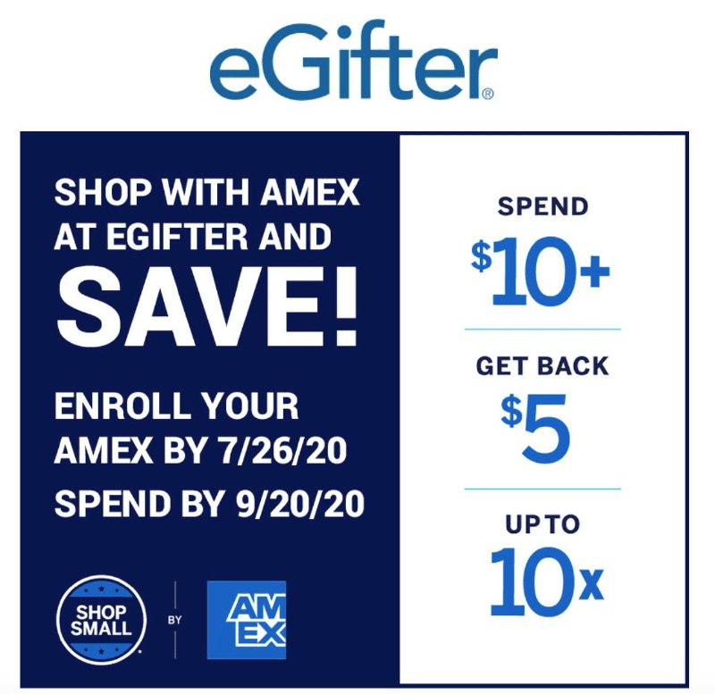 eGifter支持AmEx的shop small返现了#eGifter #AmEx #offer • 还没有拿到10次AmEx shop small $10-$5返现的现在可以通过eGifter来完成 • 不建议通过Fluz拿shop small返现(由于随机跳商户名问题而经常无法返现) • egifter.com/amex-shop-small👉🏿 @DocOfCard_channel