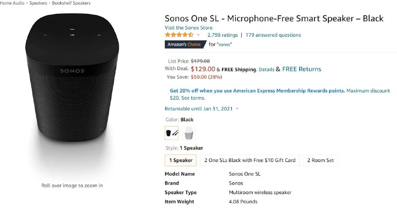 Sonos One SL#Amazon • Amazon US - $129（可搭配 中行外币借记卡10%返现 或 AmEx 20%30%40%50% off + AmEx 8x MR） • Amazon CN - ¥930.34 + ¥94.04 预估税👉🏿 @DocOfCard_channel