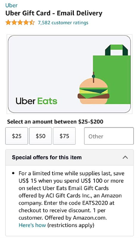 Amazon UberEats GiftCard $15 off $100#Amazon🆕 群友[DP]