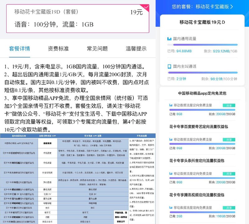 移动花卡宝藏版19D套餐#移动 • 套餐19元含100分钟、1G流量、200G移动精品APP和3个自选系列APP专用免流 • 只能客服/营业厅办理, 19D套餐办理权限已给10086、10088前台团队经理、区域经理开放 • 部分省市7号/16号下架套餐👉🏿 @DocOfCard_channel
