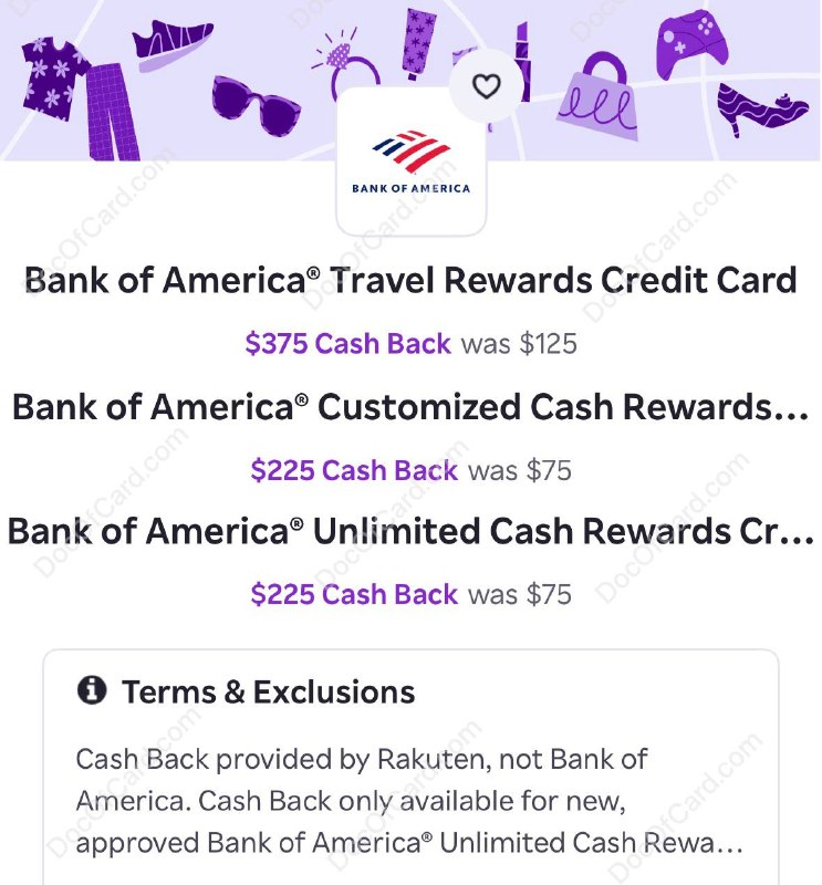 BofA Travel Rewards, Customized Cash Rewards, Unlimited Cash Rewards 开户奖励叠加 Rakuten 史高返现#BofABofA Travel Rewards $400+$250Customized Cash Rewards $225+$200Unlimited Cash Rewards $225+$250如果还没有 Rakuten 账户的，先通过史高 $50 新用户奖励 注册账户🔗相关