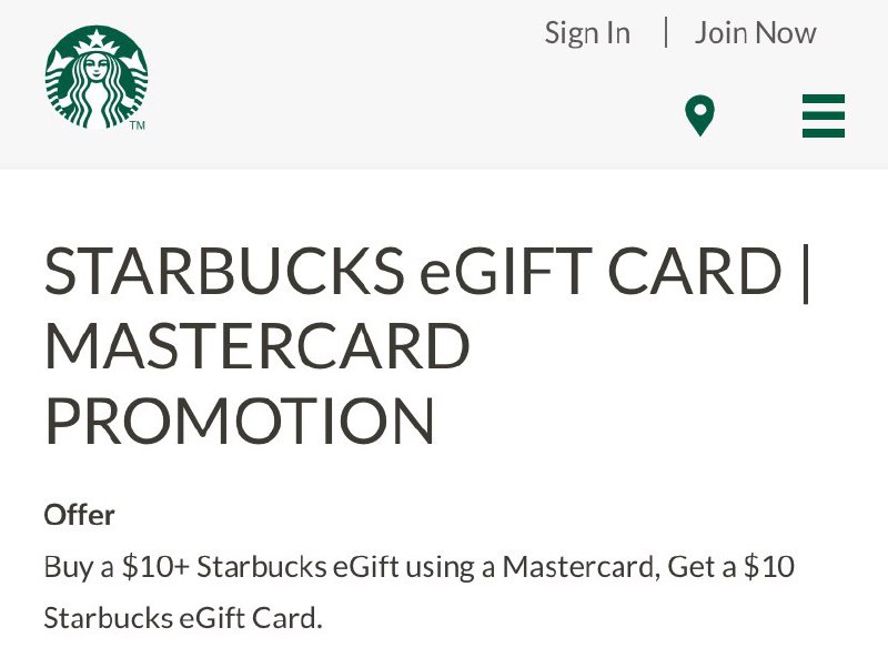 Buy a $10+ Starbucks eGift using a Mastercard, Get a $10 Starbucks eGift Card.👉🏿 