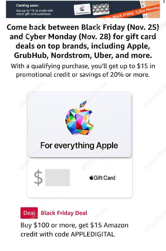 买 $100 Apple GC 送 $15 Amazon credit#Amazon #AppleGC #BlackFriday✅ amazon.com/b?node=24424378011活动时间