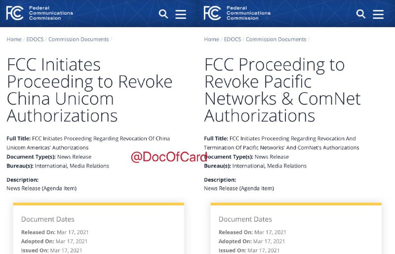 [之前发过]CUniqUS已经不卖本地计划了，CTUS应该也快了吧#CUniqUS #CTUS #消息👉🏿 [Reuters]美国联邦通讯委员会（FCC）17日发布声明称，已在当日启动审查程序，将决定是否撤销中国联通美洲公司[1]和太平洋网络有限公司（Pacific Networks Corp）及旗下全资子公司ComNet LLC[2]在美国境内提供国内州际和国际电信服务的授权