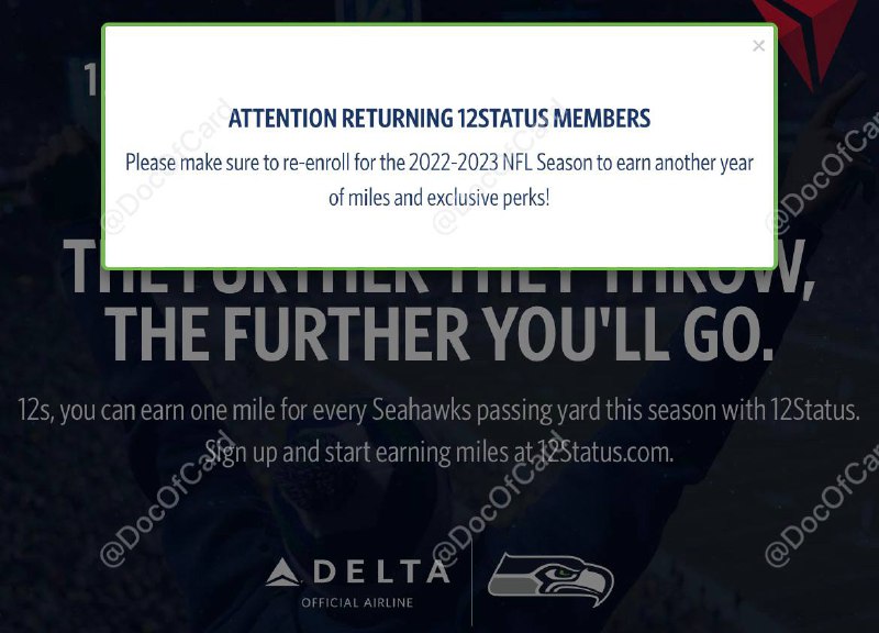 #12Status #Delta #SkyMiles🆕2022活动开始了，只需登记即可躺着领SkyMiles「 One mile for every yard the Seahawks throw on the field at regular and post season home and away games during the 2022-2023 NFL Season will be awarded in your Delta SkyMiles® account. 」✅ 