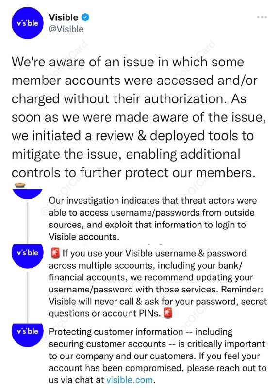 Visible确认部分用户帐户被未经授权的访问和/或消费#Visible #消息👉🏿 Visible在[Twitter声明]中证实