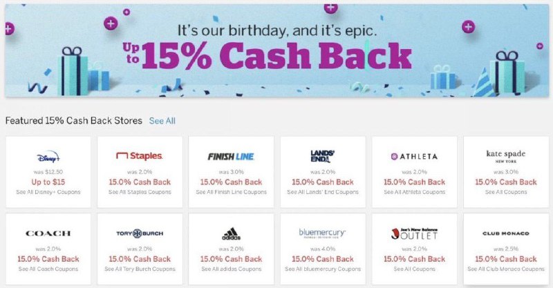 Rakuten周年庆多个商家15%返现#Rakuten #Ebates #deal👉🏿 Rakuten周年庆提供150个商家15% 返现，包括adidas、coach、toryburch、katespade、staples等，可搭配新用户通过 邀请链接 注册，完成$30新用户奖励👉🏿 @DocOfCard_channel