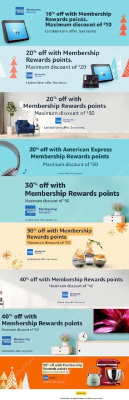 [YMMV]用AmEx MR点数卡在Amazon消费10%/20%/30%/40%/50% off up to $80#Amazon #AmEx🆕 目前新用户能被target到最高 50% off up to $80的史高折扣🆕 使用过这个优惠的老用户也被Target了！截止日期