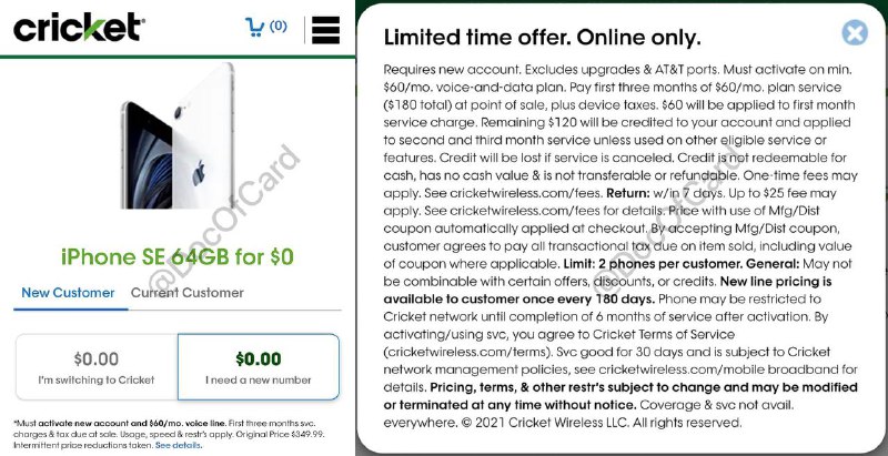 Cricket iPhone SE2 $0 需预付3个月月租#Cricket #iPhone🆕 [0元iPhone SE 2020]活动再次开启需要预付3个月租共$180，激活后预付的$180将变成可用credit，按照过往经验，激活当天可直接降级到$30的Plan，这样$180的credit可以用6个月，6个月正好解锁 • 本次优惠适合准备用满6个月后解锁的 • 本次优惠不需要转入号码 • 预付的3个月月租共$180可以在收到手机激活plan的当天马上降级到$30月租plan，这样就可以用6个月了 • 不要忘记通过 Rakuten返现网站 去购买 • (非必须)使用Refer code注册 • prepaid没有合约要求，SSN填0000 • 可以漫游激活 • 没有漫游信号，但是可以WiFi Calling • 可提前4天提交手机解锁👀完整优惠购买流程参考之前的推送