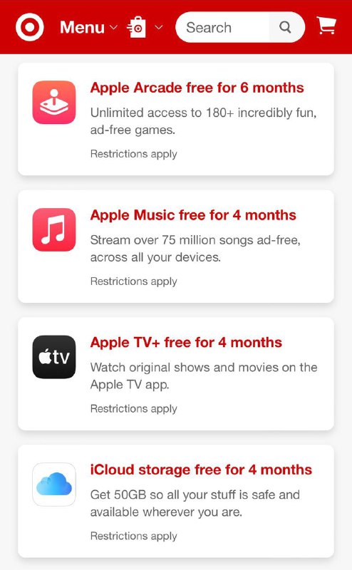 Target免费领4个月Apple Music/TV/iCloud（美区）#Target #AppleMusic #AppleTV #iCloud✅ target.com/circle/partners?lnm=81938 • 仅限新用户可以4个月[DP] • 老用户只能领到一个月 • 每个AppleID只能用一次优惠码 • 领取后立马邮件发送激活码 • 注意免费结束后会$9.99/月自动续费，不想续费的可以直接取消，不影响免费时间👀相关