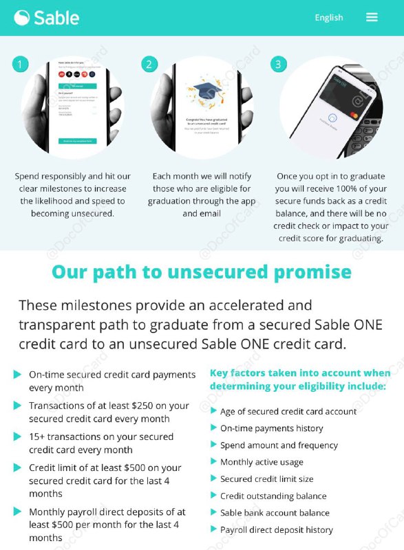 Sable推出Path to Unsecured Credit Card#Sable👉🏿 Sable开始为满足条件的Secured card押金卡用户，提供转为非押金卡的机会「 Path to Unsecured Credit Card 」 • Sable每个月都会通过APP和Email通知那些有资格从Secured card毕业的人 • 升级没有HP，押金将退回为信用余额✅ 