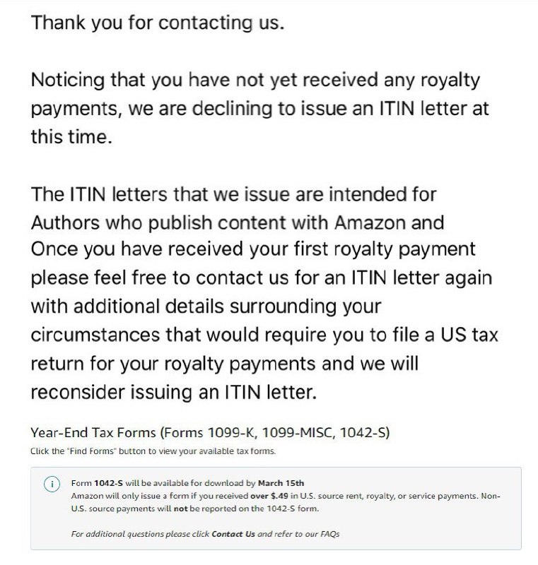 KDP Letter放水结束(成功再次被玩坏)#KDP #ITIN👉🏿 Amazon KDP在放水邮寄了几个月的ITIN Letter后不再给没有写书收入的用户寄信了👉🏿 Non-U.S. source payments will not be reported on the 1042-S form👉🏿 👀相关
