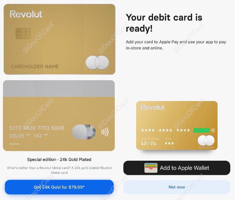Revolut 推出24K镀金的金属卡#Revolut #金属卡 • 不需要Metal Plan即可订购 • Apple Pay显示为普通卡，不知是否bug • UK版£79.99，US版$79.99👀相关