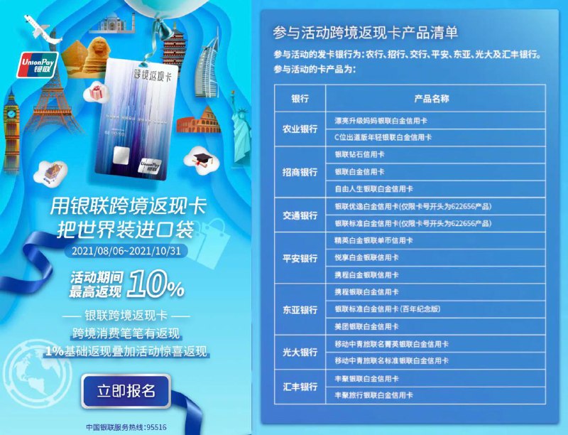 银联跨境返现活动，最高10%#银联 #活动活动一