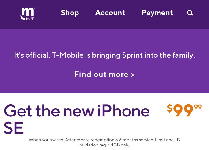 iPhone SE 2020 $99 at MetroByT-Mobile#deal👉🏿 Metro® by T-Mobile offering iPhone SE 2020 at $99+taxes for a limited time • In Store Only • Eligible wireless number port-in required (Excludes phone numbers currently on T-Mobile or active on Metro in past 90 days) • Identification with validation of name, address, and date of birth provided through independent database and presentation of matching required to receive an instant $300 rebate off full retail price • Limit four (4) total phone instant rebates per account/household • $15 activation fee/line • Minimum 6 months needed to unlock • International roaming available$99.99+retail tax+$15 activation fee+($30 monthly fee+$5 presumably tax)*6 > $325*YMMV