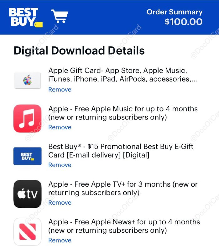 #Bestbuy #Apple #BlackFriday$100 Apple Gift Card + $15 Best Buy e-Gift Card $100✅ bestbuy.com/site/sku/6421951.p • 送 4 个月 Apple Music • 送 4 个月 Apple News + • 送 3 个月 Apple TV + • Email Delivery 发送到邮箱无需配送 • 可充值到 Apple Account，可 App Store (US) 消费，也可在 Apple Store (US) 使用✔️@DocOfCard