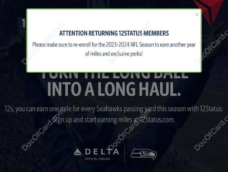 #12Status #Delta #SkyMiles🆕2023活动开始了，只需登记即可躺着领SkyMiles「 One mile for every yard the Seahawks throw on the field at regular and post season home and away games during the 2023-2024 NFL Season will be awarded in your Delta SkyMiles® account. 」✔️ 