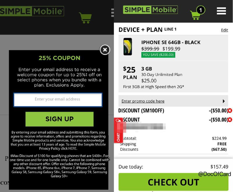 Simple Mobile iPhone SE $131 (有锁)#iPhone #simplemobile #deal❶ 打开 simplemobile.com 网站点击首页广告填入邮箱获取25%优惠码(如题图)❷ 注册返现网 Rakuten(新用户$20欢迎奖励)(之前通过$40邀请注册的不要错过)❸在Rakuten搜索 simple mobile，通过4% 返现链接进入网站❹加入 iPhone SE 2 64GB 到购物车🛒❺同时加入$25的plan到购物车🛒➏填入邮件中步骤❶获得的25%优惠码❼ 再次填入优惠码 SM10OFF❽ 购买完成后，进入Rakuten后台，查看pending中的购物记录⚠️注意