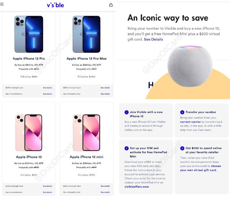 Visible iPhone 13 返现$200送HomePod Mini#Visible #iPhone #活动👉🏿 13活动终于来了，力度一般，第三方的返现比例也没有以前多了，不过对于不想捆绑合约的用户还是可以的准备工作