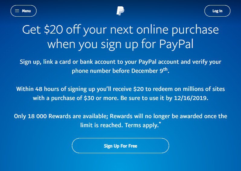 Paypal is offering a $20 account credit for new members who sign up between Dec 2 – Dec 9 (EST).✅ 