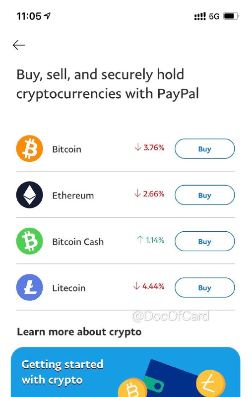 PayPal即将支持加密货币#PayPal👉🏿 群友[DP][PayPal宣布]将与Paxos合作推出加密货币服务，未来几周内，PayPal US用户将能在APP购买、出售和持有加密货币👉🏿 PayPal Cash or Cash Plus account required • 最初支持的是比特币(BTC)、以太坊(ETH)、比特币现金(BCH)和莱特币(LTC)，2020年12月31日之前购买或出售加密货币均不收取服务费 • 预计在2021 年初支持加密货币作为资金来源进行购物，并扩展到Venmo和一些国家 • 支付将通过法定货币进行结算，用户支付加密货币，商家收到法定货币，PayPal将负责转换过程 • 目前需要通过APP或网页排队等候内测👉🏿 👀所有银行账户卡合集👉🏿 @DocOfCard_channel
