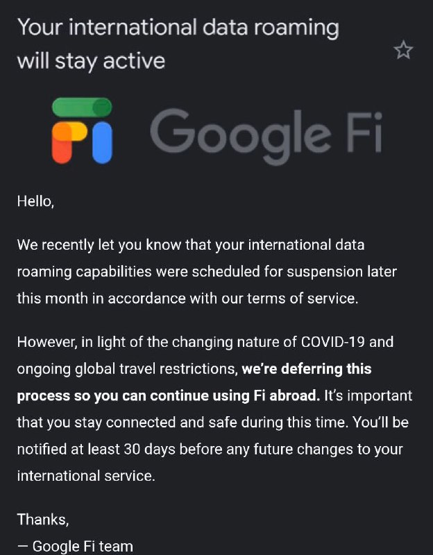 Google邮件通知部分因受疫情旅行限令影响而导致海外数据漫游即将超出限制的用户可以继续使用漫游流量#GoogleFi🆕8月5日更新