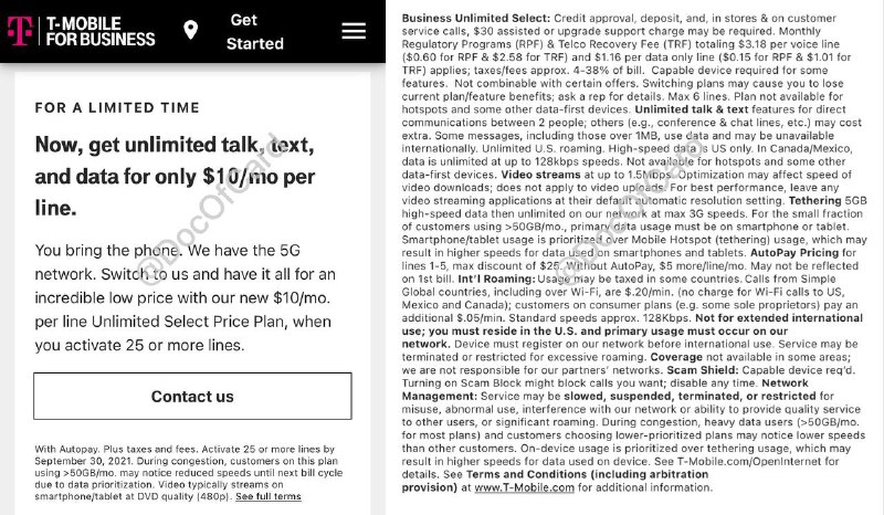 #TMobile business unlimited talk, text, and data for only $10/mo per line, when you activate 25 or more line.With Autopay. Plus taxes and fees.✅ 