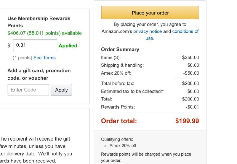 Amazon Amex MR 20% off可以购买礼品卡#Amex #Amazon👉🏿 20% off现在适用第三方礼品卡了，Amazon礼品卡依然不行👉🏿 激活优惠链接(需要先绑定Amex卡)