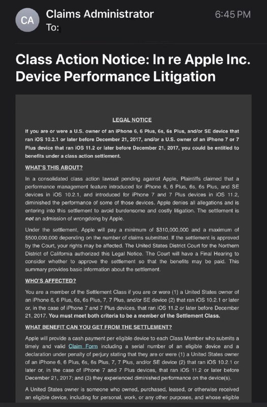 苹果和解集体诉讼 - 符合条件的手机领$25#iPhoneWho’s EligibleOwners of iPhone 6, 6 Plus, 6s, 6s Plus, and/or SE devices that ran iOS 10.2.1 or later before Dec. 21, 2017, or in the case of iPhone 7 and 7 Plus devices, that ran iOS 11.2 or later before Dec. 21, 2017.Claim Form Deadline