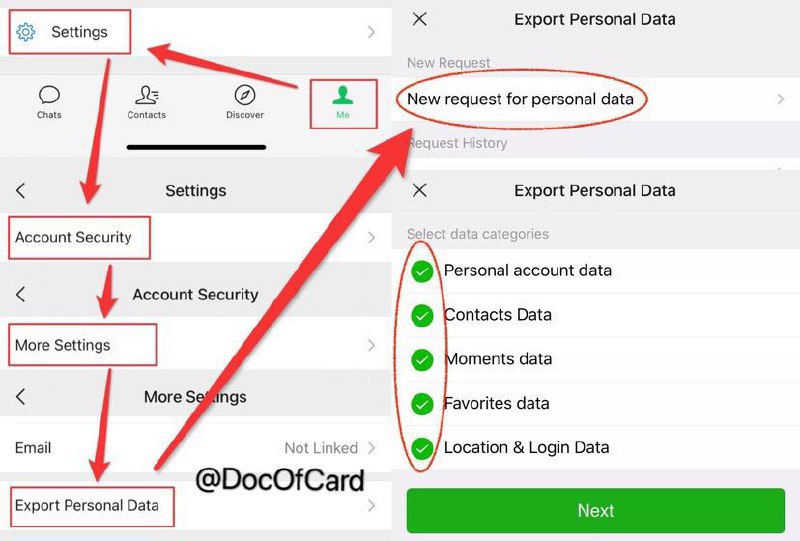 WeChat数据导出保存方法#WeChat👉🏿 WeChat可以通过图中方法导出个人资料、联系人、朋友圈、收藏夹、定位和登录历史记录等数据 [官方说明] • 下载好的压缩包数据很多，在这里可以查看个人信息、通讯录、朋友圈以及留言、登录信息以及收藏夹的各种资料 • 解压缩后打开 “index.html” ，就可以用浏览器查看这些数据了👉🏿 @DocOfCard_channel