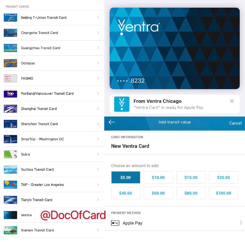 芝加哥Ventra上线支持Apple Pay#Ventra #ApplePay👉🏿 群友[DP]芝加哥Ventra上线Apple Pay，支持CTA和Pace，FAQ • 首次开卡需通过 Ventra APP • 最低充值$5 • 官网