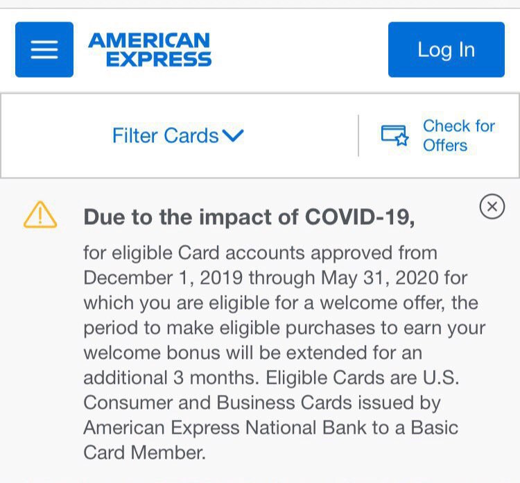Amex延长疫情期间开卡奖励消费至6个月#Amex👉🏿 对2019年12月1日到2020年5月31日期间批准的有资格拿到新开卡奖励的卡账户，额外延长3个月消费期限，即共6个月 *卡片升级奖励消费期仍为3个月👉🏿 