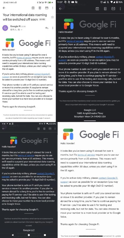 今天有多人报告Google Fi收到邮件通知， 连续流量漫游超过6个月将被暂停流量漫游功能 ，但是还能继续使用电话短信功能#GoogleFi🆕8月5日更新
