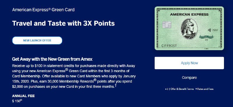 Amex可回收♻️材料制作的新卡上线了#AmexSign Up Bonus ▪ $100 luggage credit from brand Away ▪ 30,000 Membership Rewards after $2,000 in spend within the first three months (45,000 points seems to be available incognito mode) ▪ Valid until 1/15/20Card Benefits ▪ Annual fee of $150 (not waived first year) ▪ Card earns at the following rates