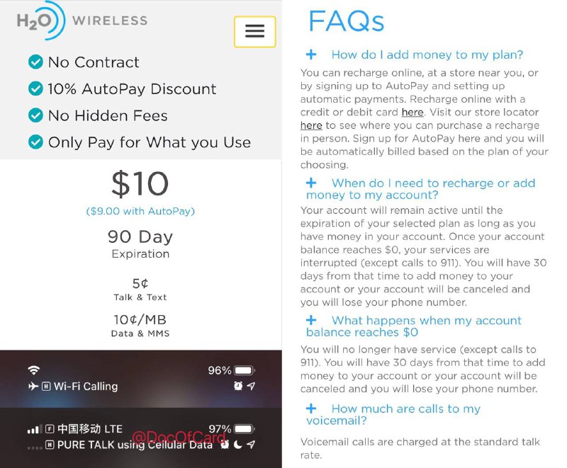 H2O美国保号号码#H2O #eSIM✅ h2owireless.com/plan/minute • 即将 支持eSIM [DP] • 不能直接漫游(*H2O Wireless service is for personal use in the U.S. only.) • 实测支持漫游WiFi Calling [DP] • 实测支持漫游WiFi Calling on Cellular Data (*测试时，主卡用的Fi漫游流量)[DP] • Paygo保号3个月租金最低$10 • 绑定卡AutoPay后优惠10% • 余额不足30天后将取消账户和号码 • WiFi Calling接打电话/收发短信